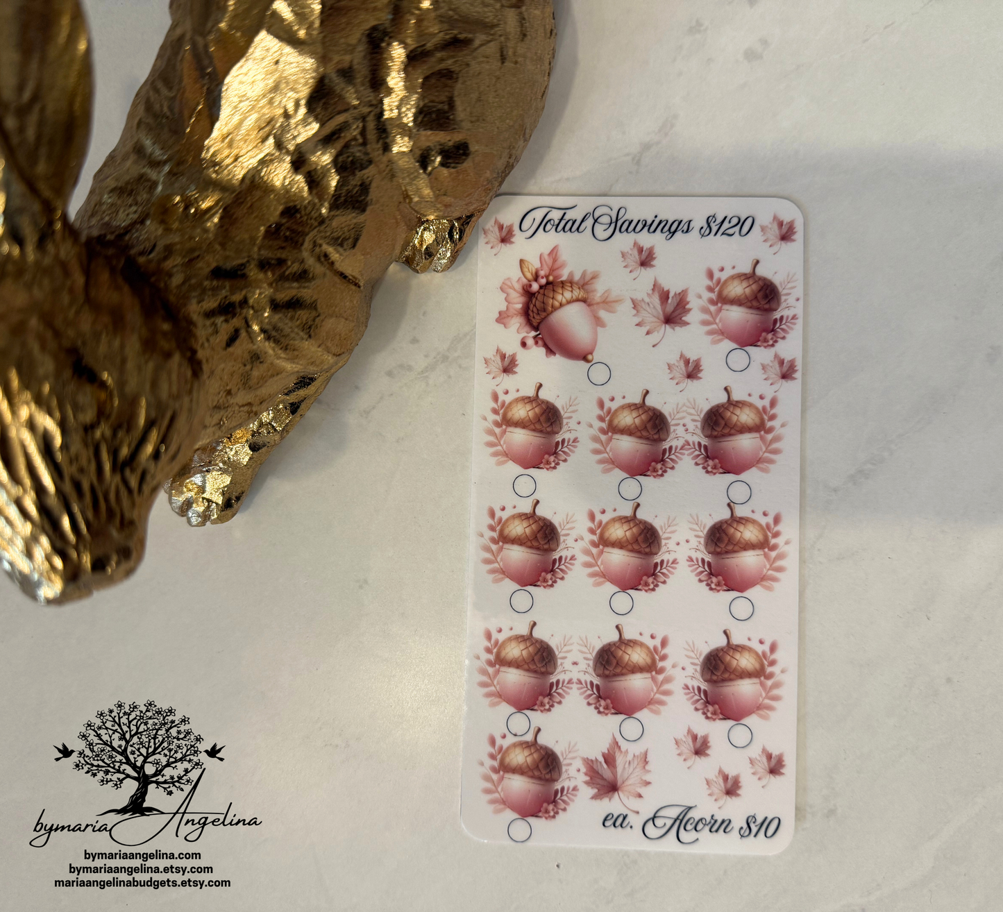 Pink & Gold Acorn Saving Challenge  Saves 120 | Laminated A6 Savings challenge | Planner inserts | Pretty Fall Pink