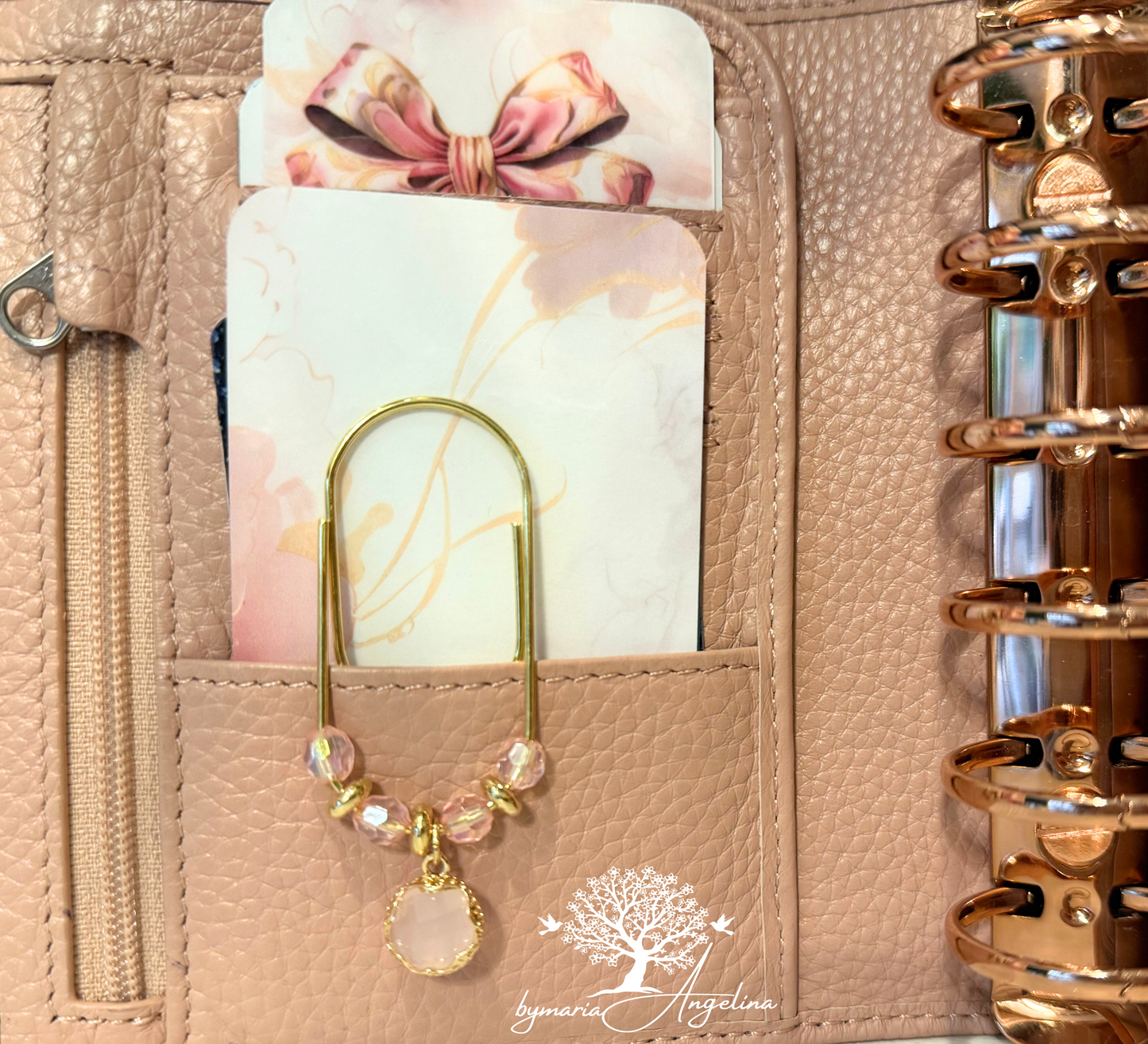 Gold paper Clip with baby pink beads, luxury planner clip