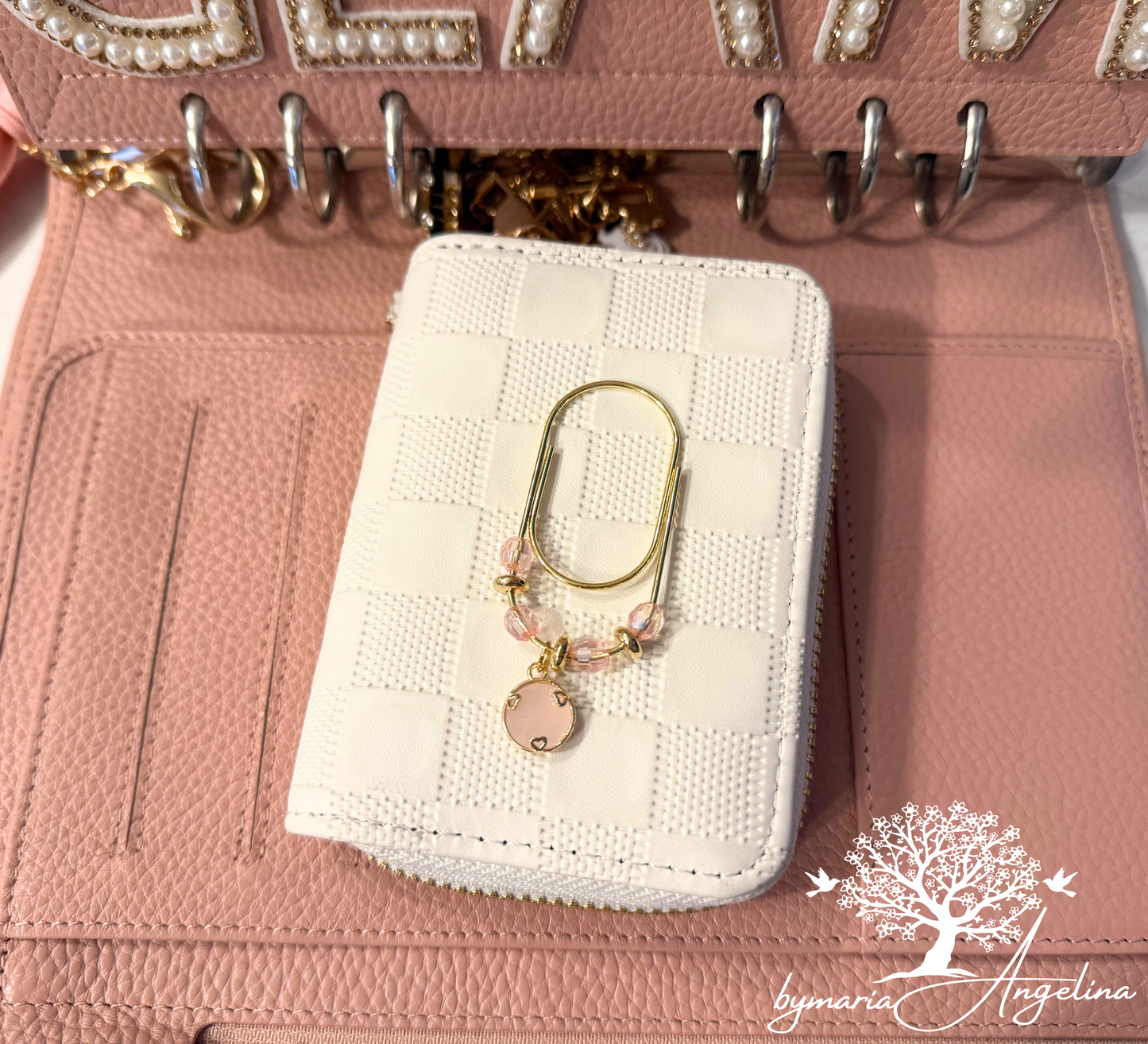 Gold paper Clip with baby pink beads, luxury planner clip