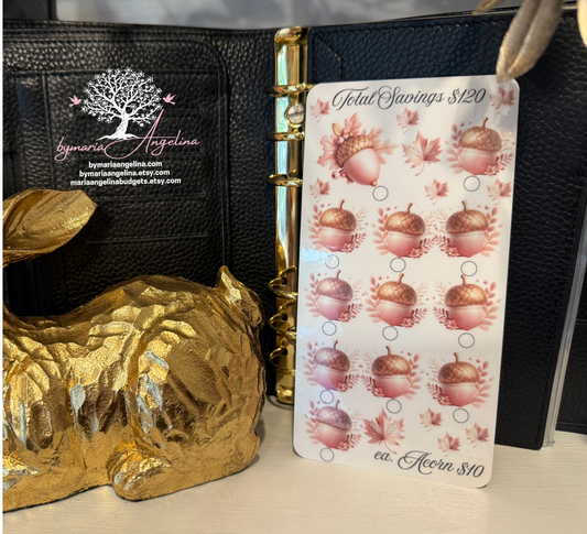 Pink & Gold Acorn Saving Challenge  Saves 120 | Laminated A6 Savings challenge | Planner inserts | Pretty Fall Pink